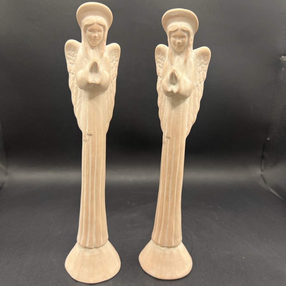 Vintage Scioto Ceramic Angel Figurines Pair 8.875" Tall Bisque Minimalist White
